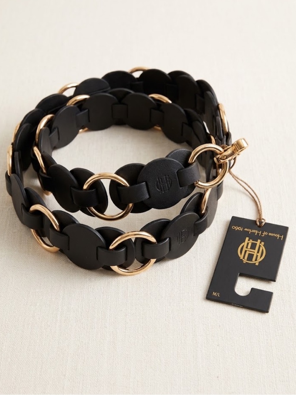 House of Harlow 1960 Adjustable Disc Link Belt Gold Tone M/L NWT Boho Black